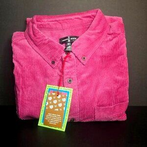 UNISEX HOUSTON WHITE DARK PINK CORDUROY BUTTON DOWN JACKET with UPPER POCKET-XL